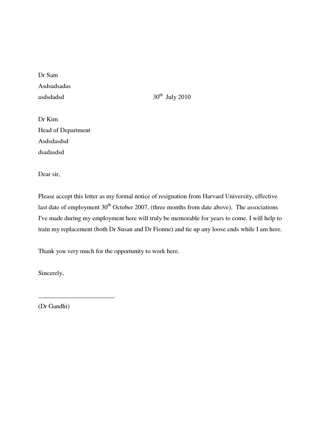 short simple resignation letter