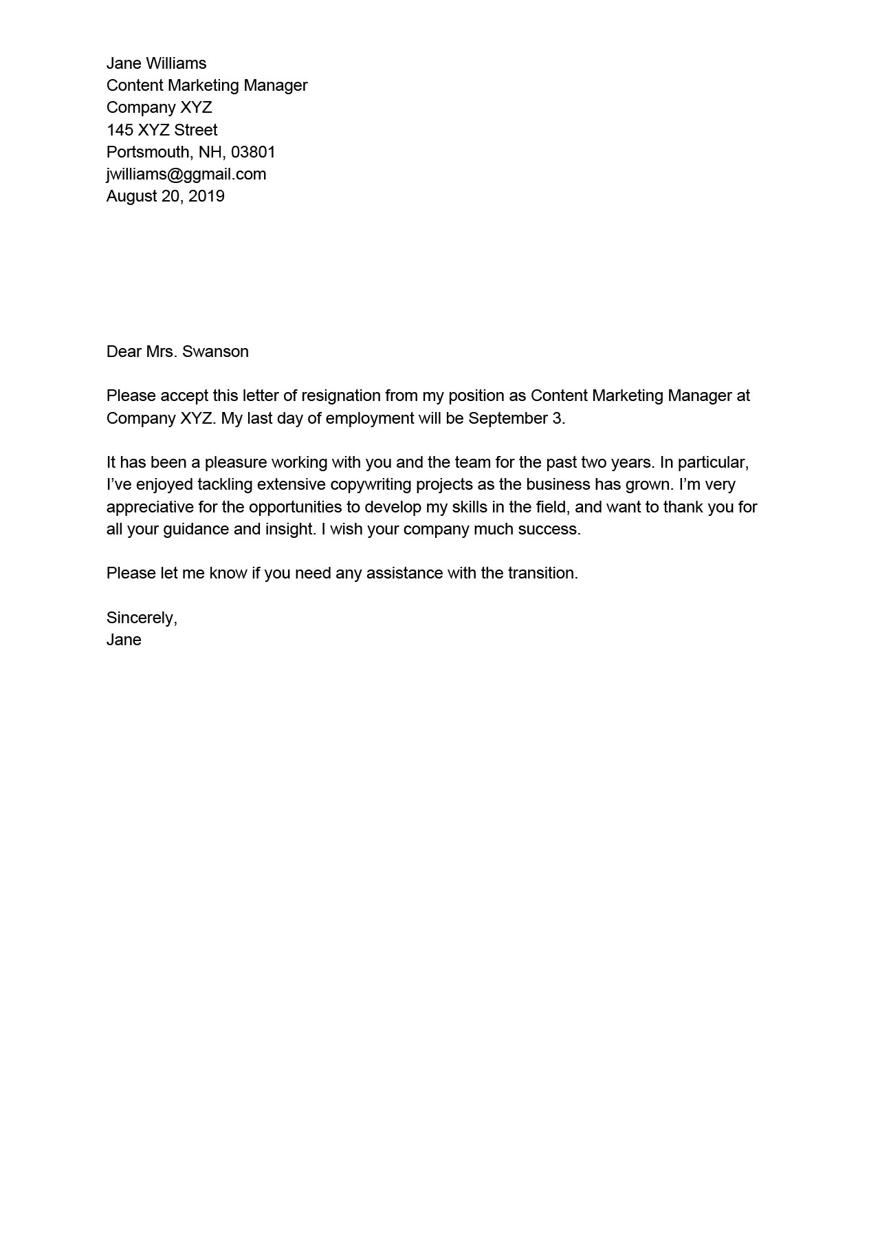 short simple resignation letter